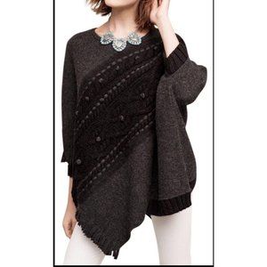 ANTHRO Sleeping on Snow Cabled Catillon Poncho Black Gray Wool Blend Boho